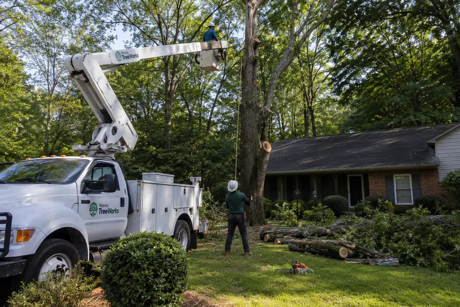 Tree crew using ropes to lower a large limb beside a Birmingham home