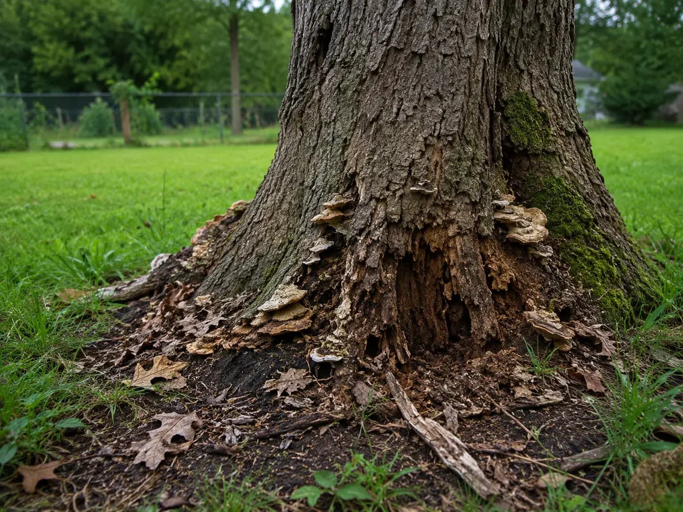 Close view of a trunk cavity and fungal growth near the root flare